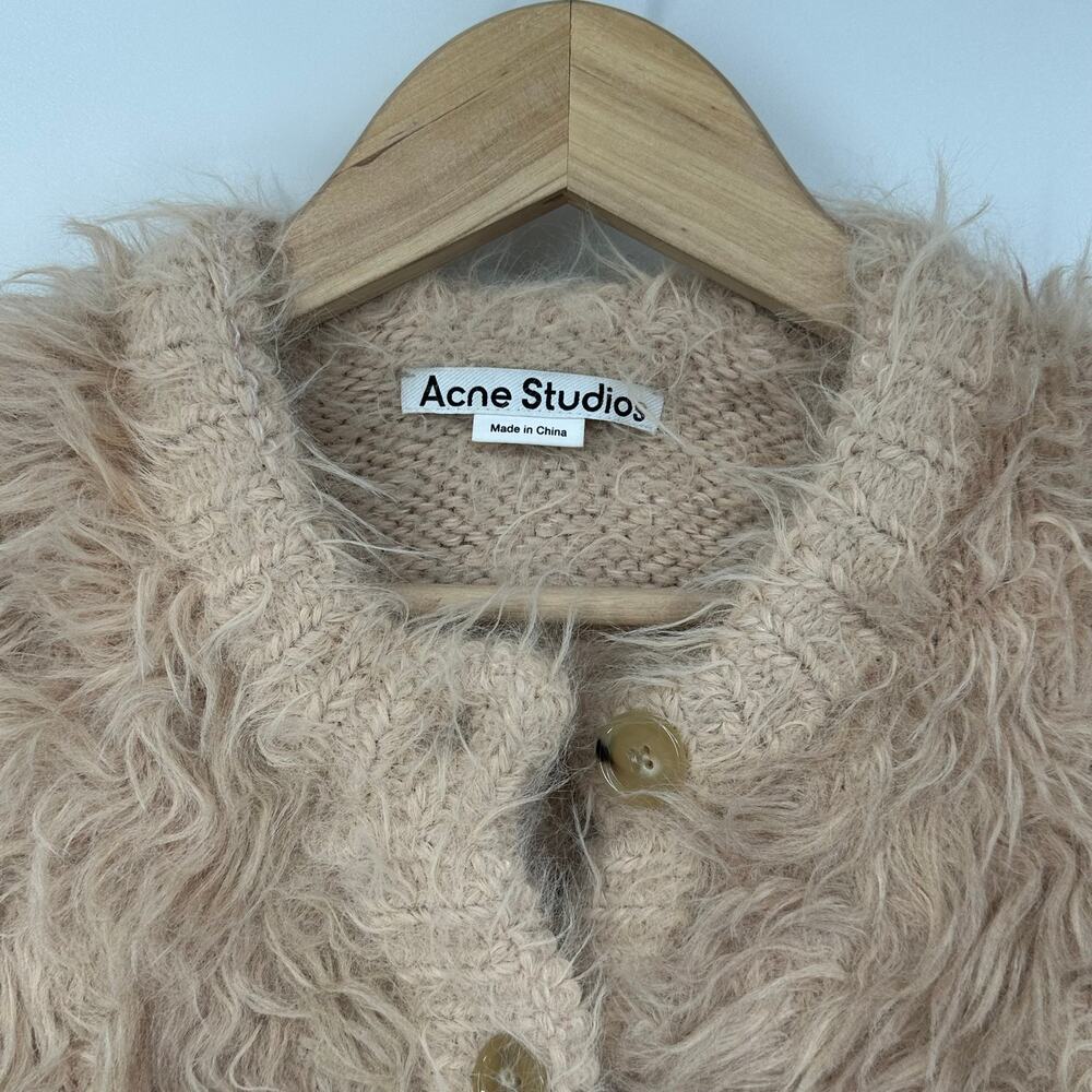 ACNE STUDIOS Kradi Textured Cardigan Faux Fur Chunky Knit Cropped Sweater Tan - Picture 7 of 16